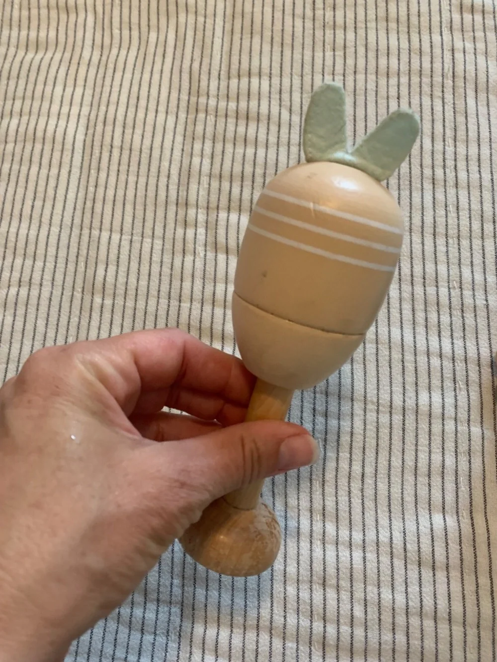 Pottery Barn Kids Bunny Maraca Wooden Baby Rattle Infant Toy Natural Wood Fabric